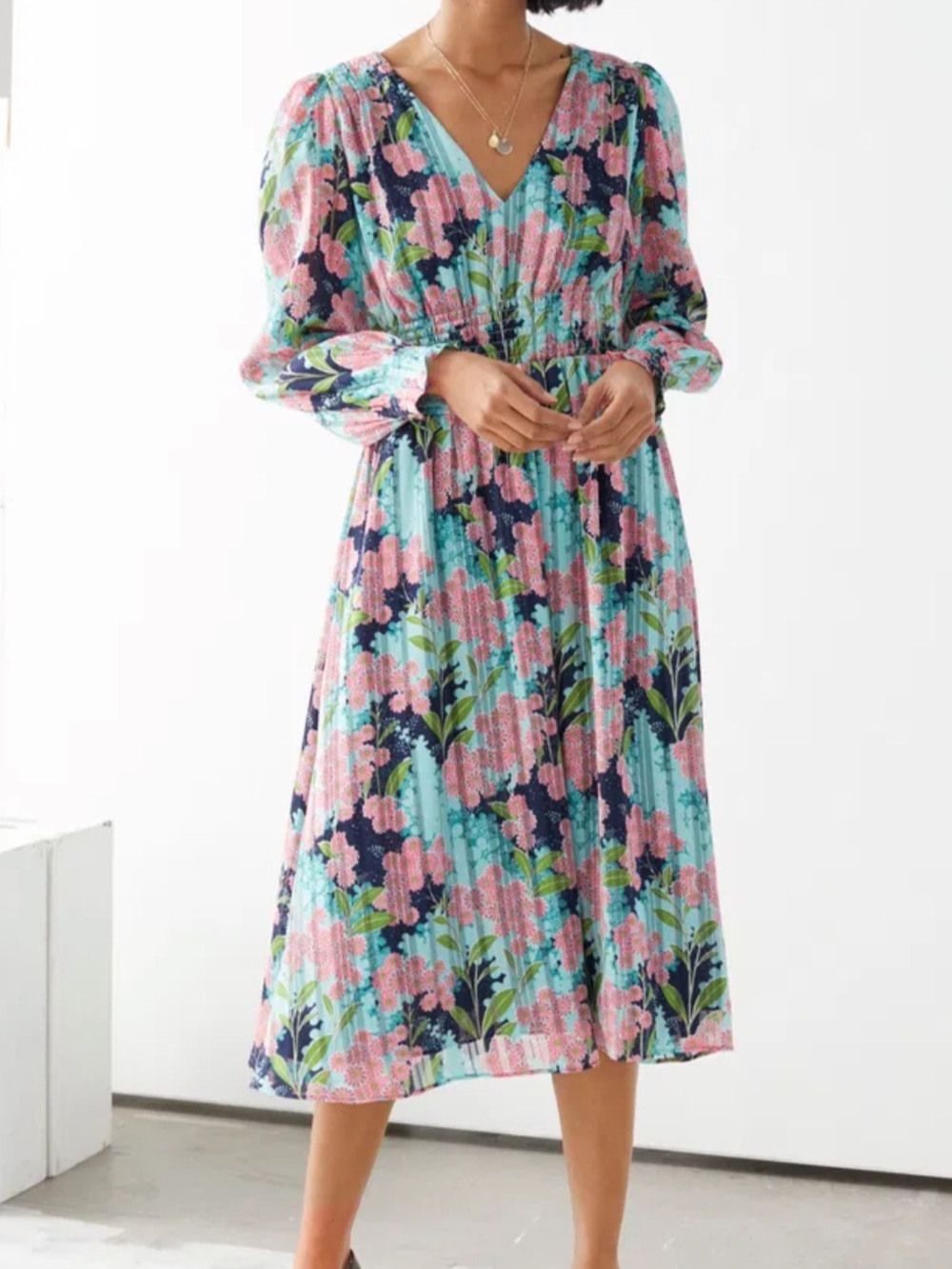 & Other Stories Pleated Smock Floral Midi Dress